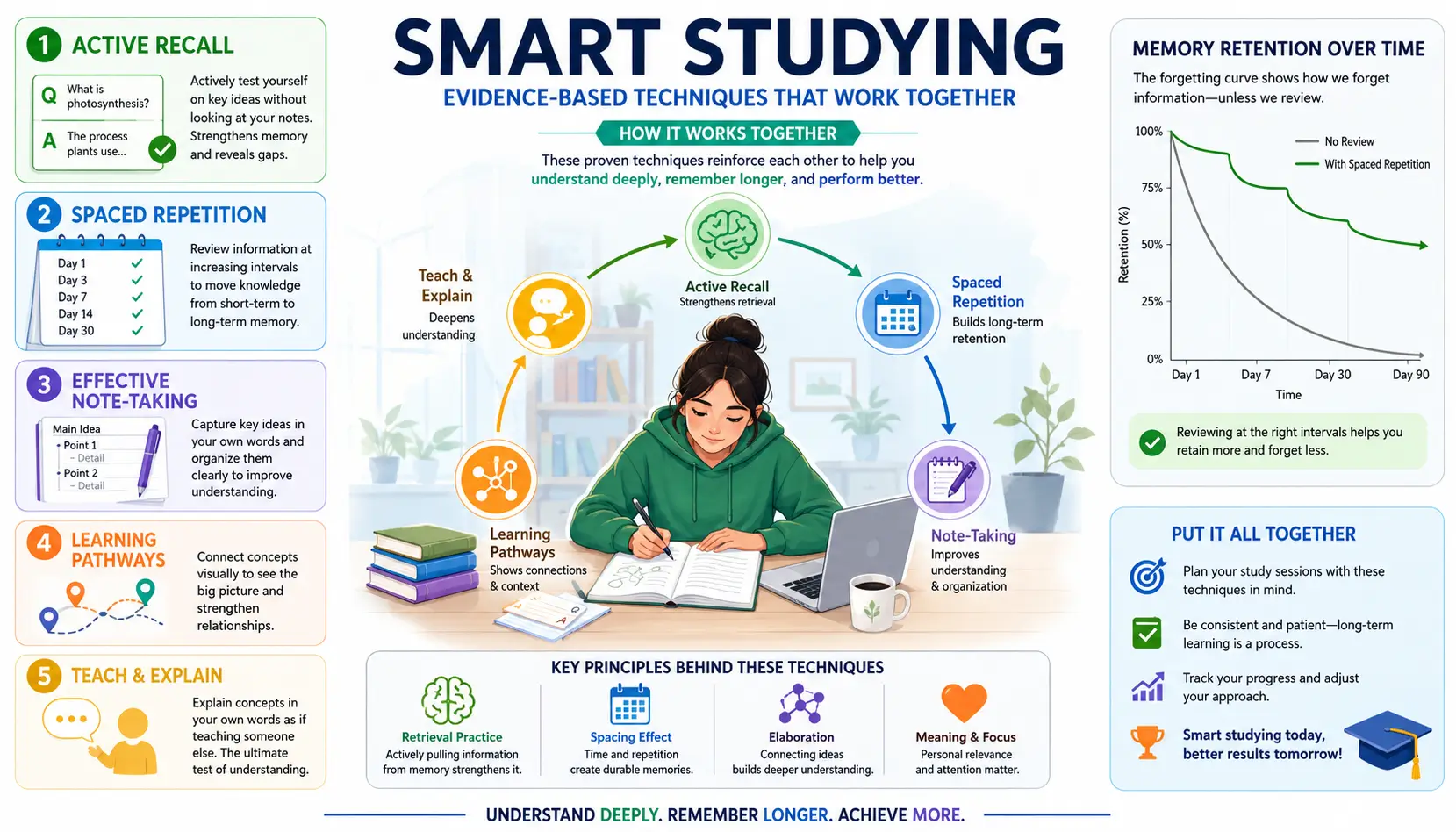 Study techniques illustration showing science-backed learning methods improving memory retention and academic performance.