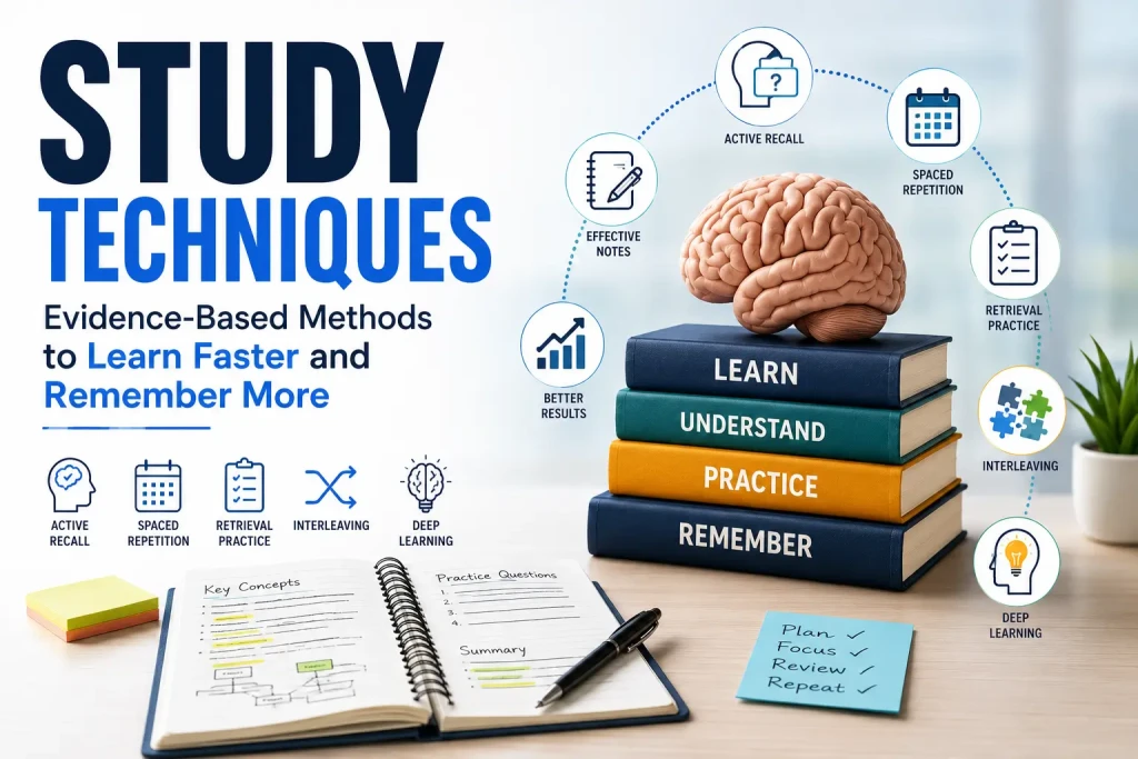 Study techniques illustration showing evidence-based learning methods including active recall, spaced repetition, retrieval practice, and long-term memory retention strategies.