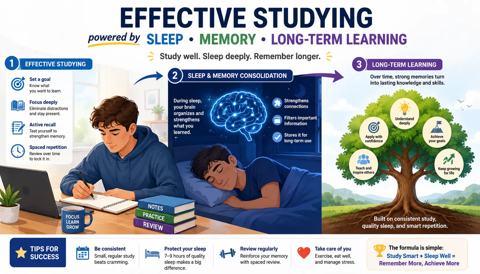 Study techniques illustration showing sleep and memory consolidation supporting long-term learning and retention.