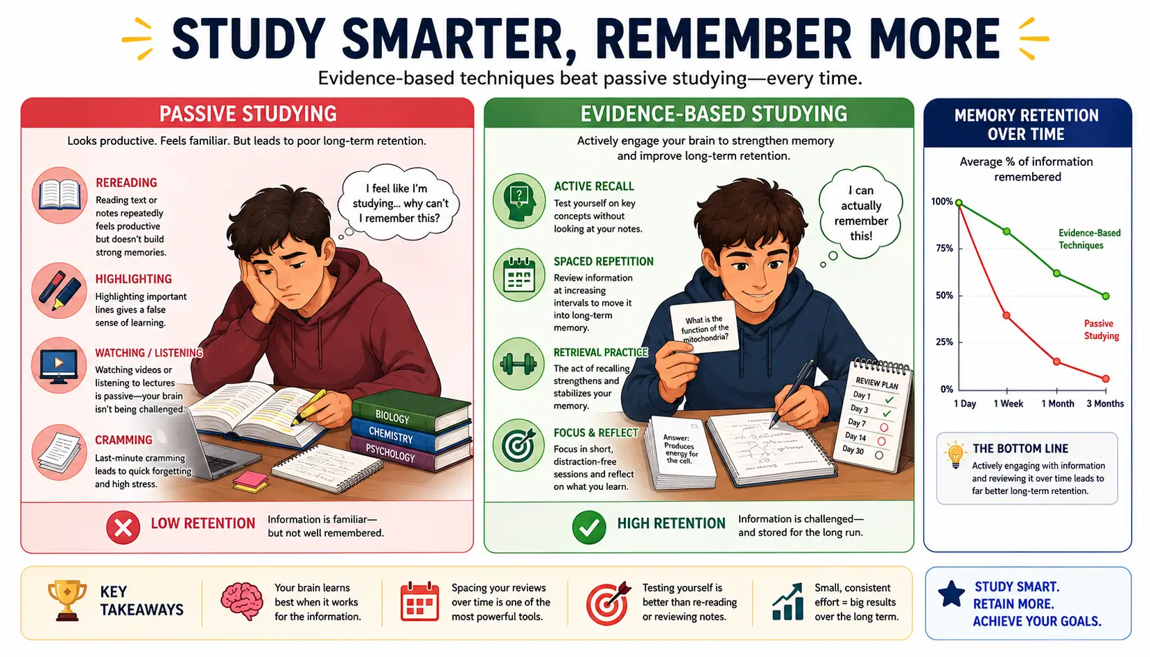 Study techniques comparison illustration showing evidence-based learning methods outperforming passive study habits.