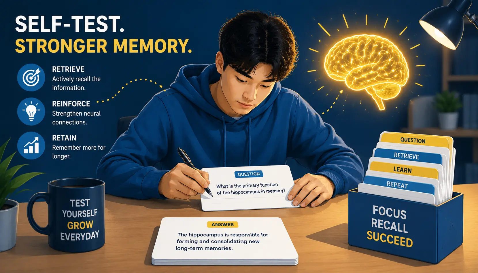 Student using self-testing to strengthen memory retention through the testing effect.
