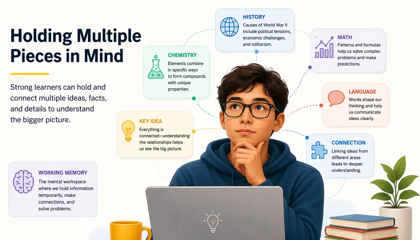 Working memory illustration showing a learner actively holding and managing information while focusing and learning.