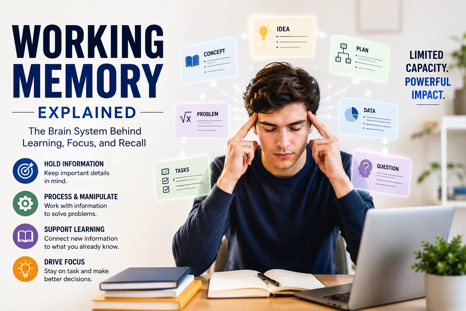 Working memory illustration showing information being actively processed, organized, and transferred into long-term memory during learning and problem-solving.