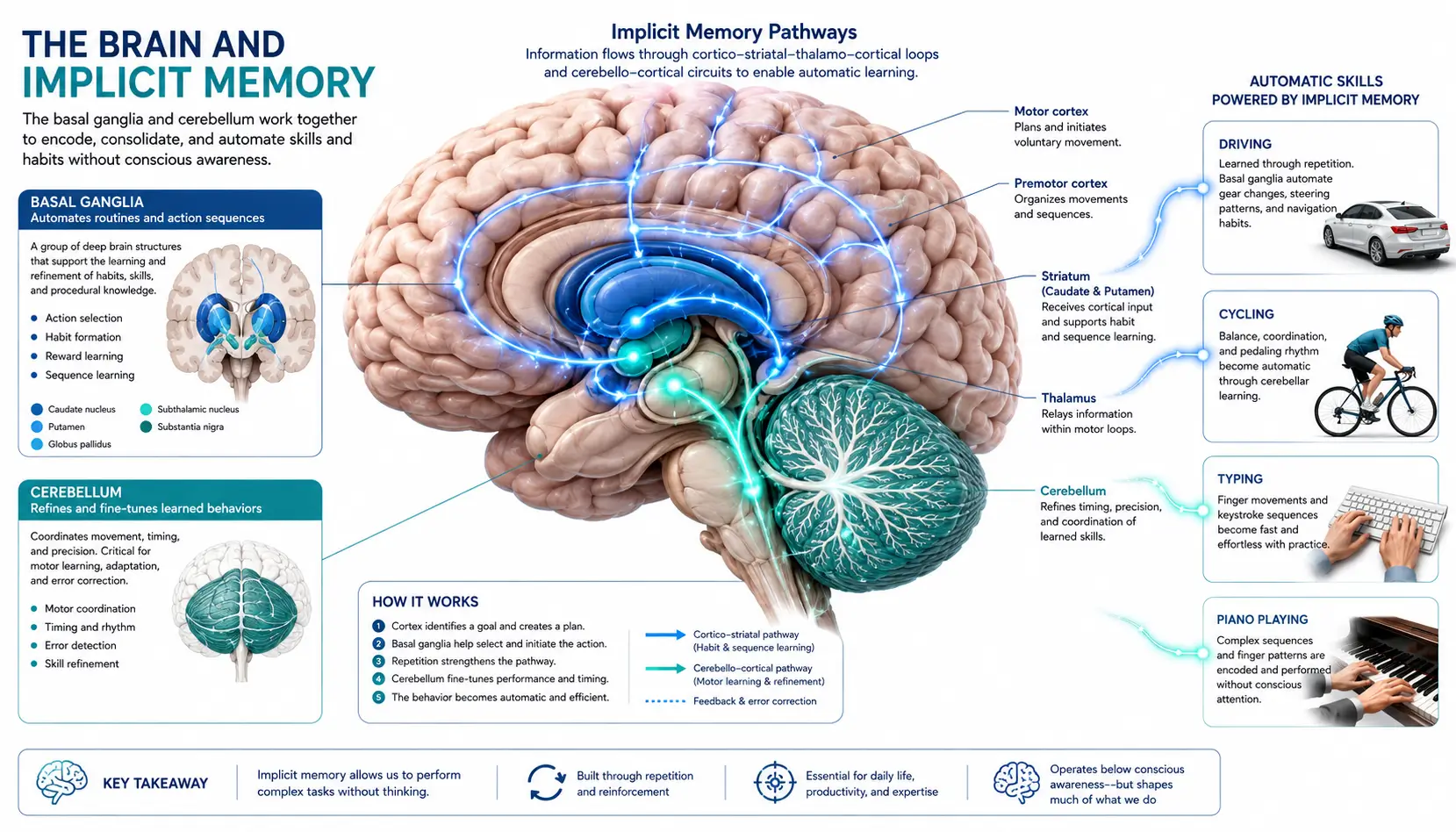 Infographic illustrating the five primary types of implicit memory including procedural memory, priming, conditioning, habituation, and sensitization.