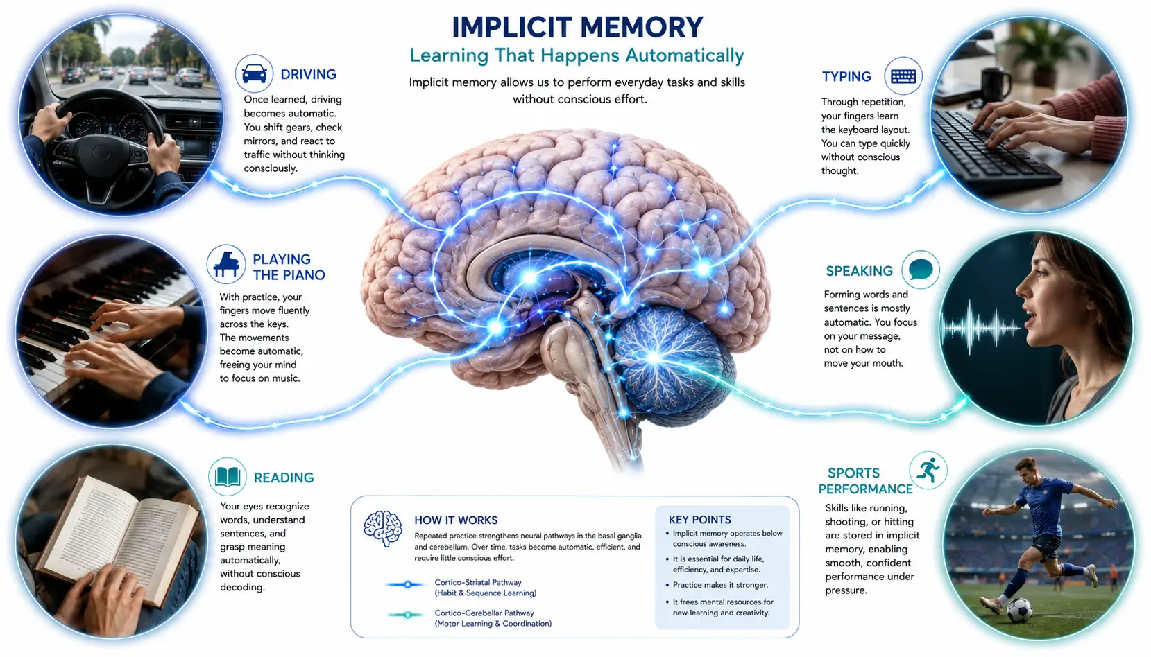 Educational illustration showing everyday examples of implicit memory including driving, typing, reading, music, sports, and language learning.