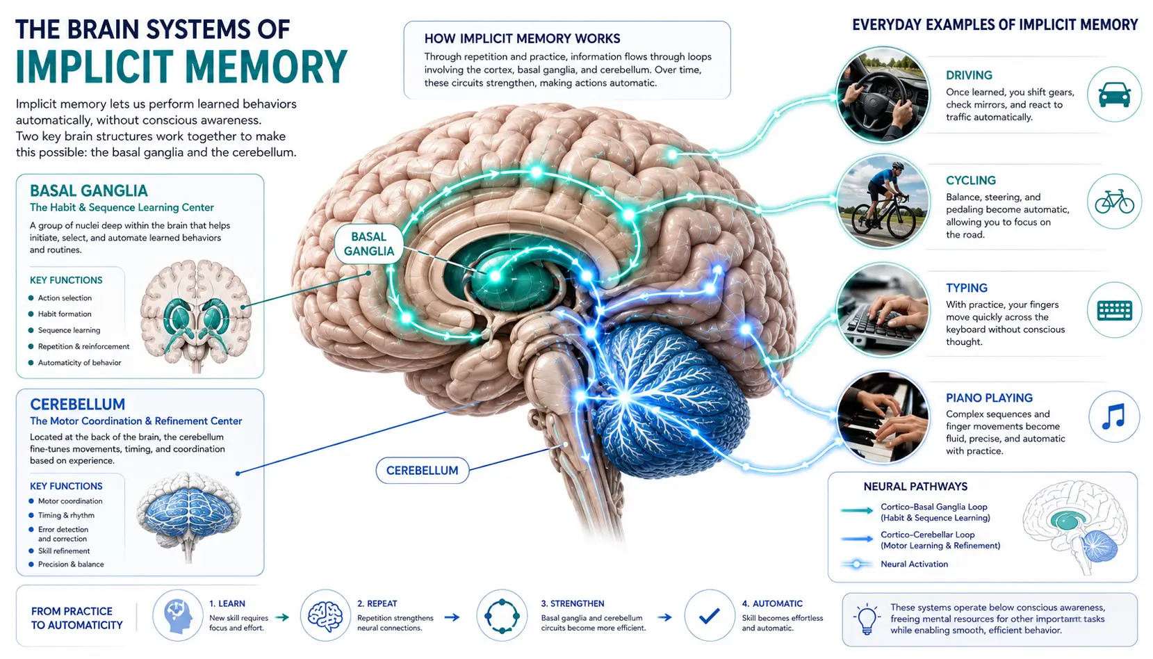 Educational illustration highlighting the basal ganglia and cerebellum as key brain regions involved in implicit memory and automatic skill learning.