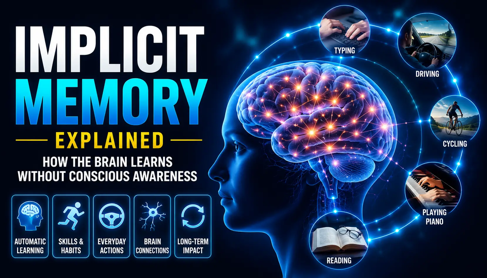 Implicit memory illustration showing automatic learning, procedural memory, neural pathways, habit formation, and unconscious skill development in the human brain.