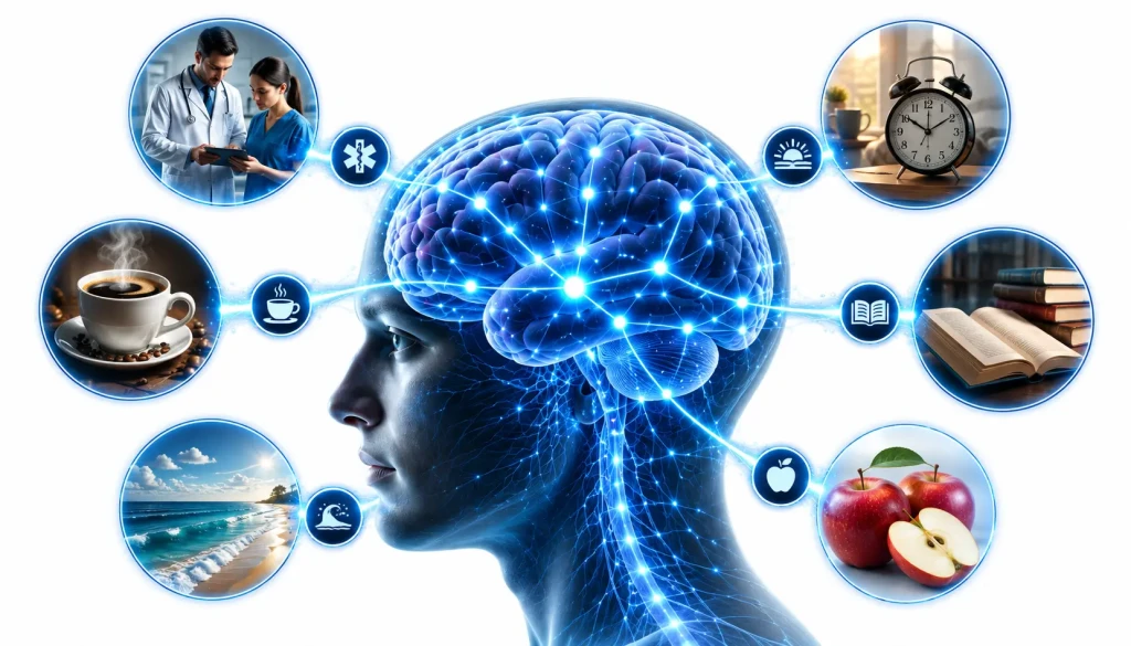 Educational illustration of priming in psychology showing a human brain with spreading activation through interconnected neural pathways linking related concepts and unconscious information processing.