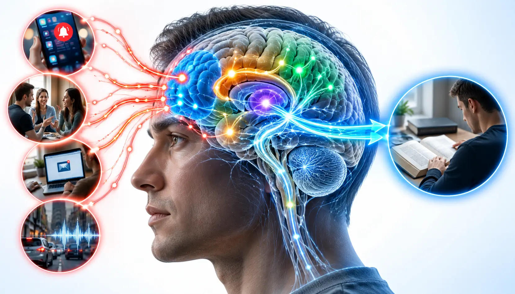 Attention span illustration showing brain networks involved in sustained attention filtering distractions while maintaining focus on a goal.