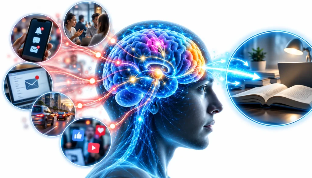 Attention span illustration showing the brain filtering digital distractions and maintaining sustained focus on reading and learning.
