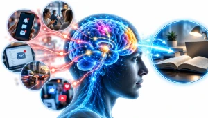 Attention span illustration showing the brain filtering digital distractions and maintaining sustained focus on reading and learning.