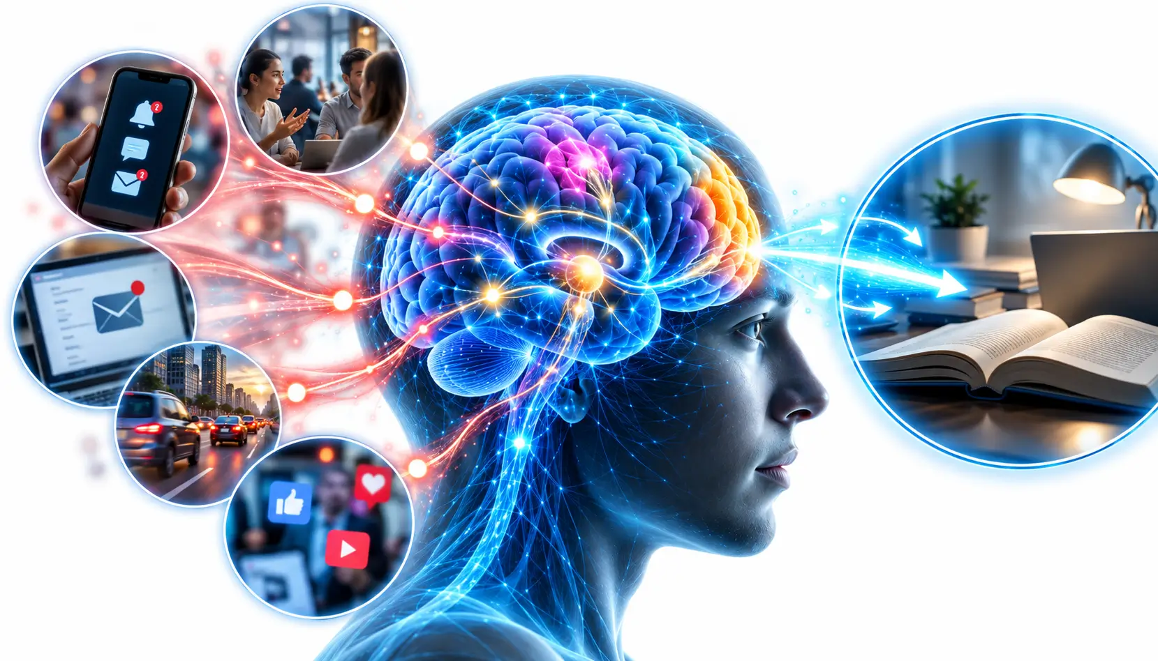 Attention span illustration showing the brain filtering digital distractions and maintaining sustained focus on reading and learning.